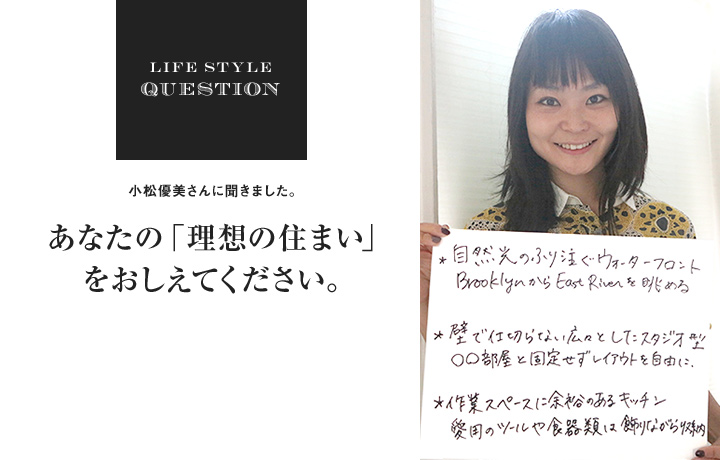 LIFE STYLE QUESTION 近藤しずかさんに聞きました。あなたの「理想の住まい」をおしえてください。1.広いキッチン! 2.トイレ・バス 2つ以上 3.広いウォークインクローゼット